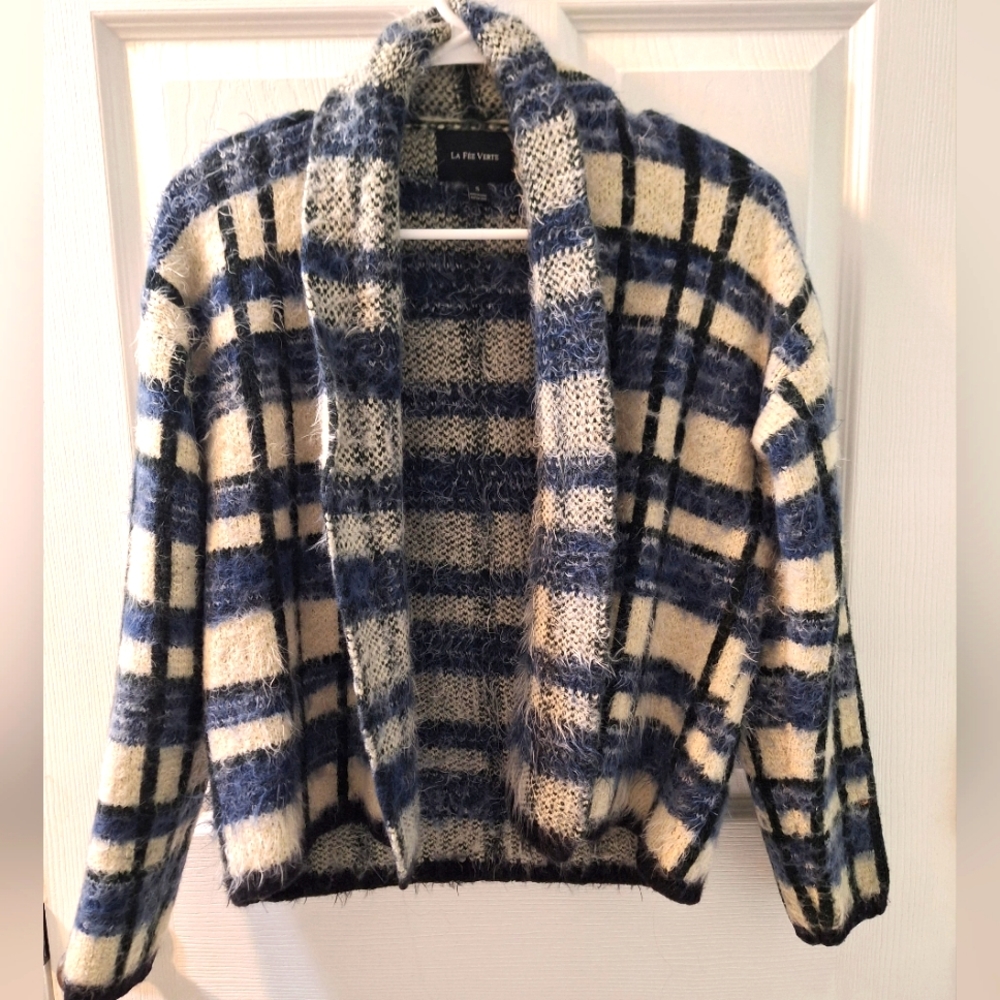Blue plad cardigan, worn once, small